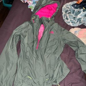 Green and Pink North Face Rain Jacket